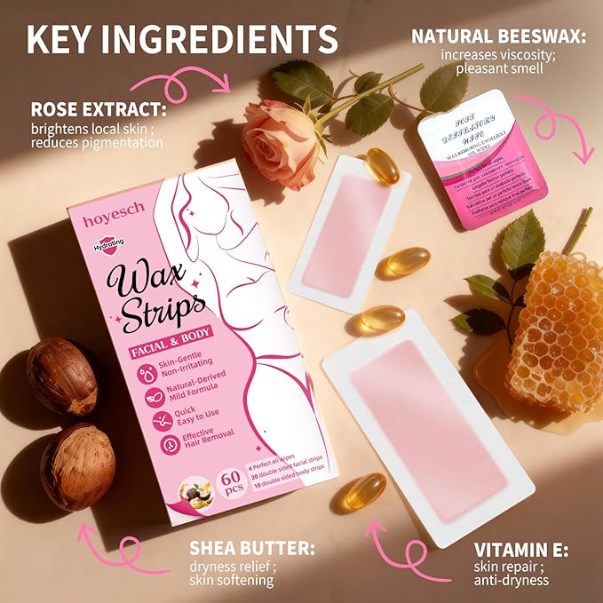 60 PCS Wax Strips - 40 Facial & 20 Body Waxing Kit for WomenÃ¢ÂÂ s Hair Removal,Wax Strips for Face,Eyebrow,Body, Arms, Legs, Chest, Back, Bikini/Brazilian Waxing Strips & 4Calming Oil Wipes