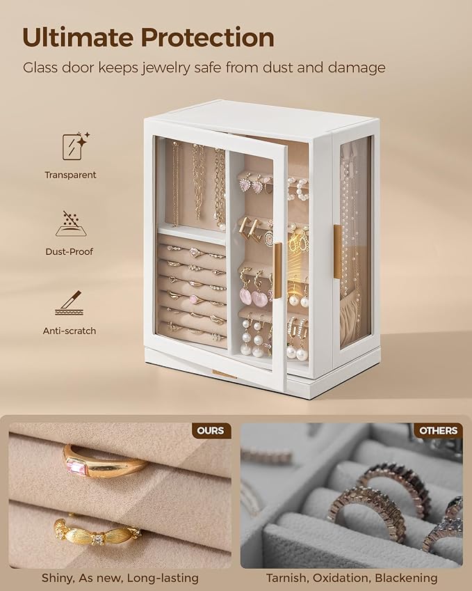 Glimmloop 360ÃÂ° Rotating Jewelry Box with 5 Drawers, Spacious Vertical Jewelry Organizer with Glass Window, Jewelry Storage Case, Dustproof & Moisture-resistant Design, White