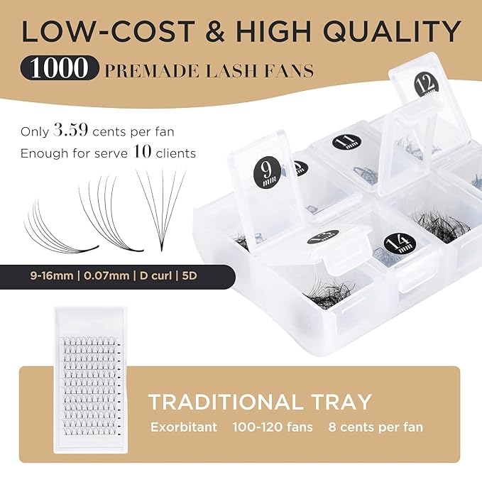 LASHVIEW 1000 Premade Volume Eyelash Extensions Mixed Tray 5D D Curl Premade Lash Fans Pointed Handmade Thin Base (5D-0.07D,9-16mm)