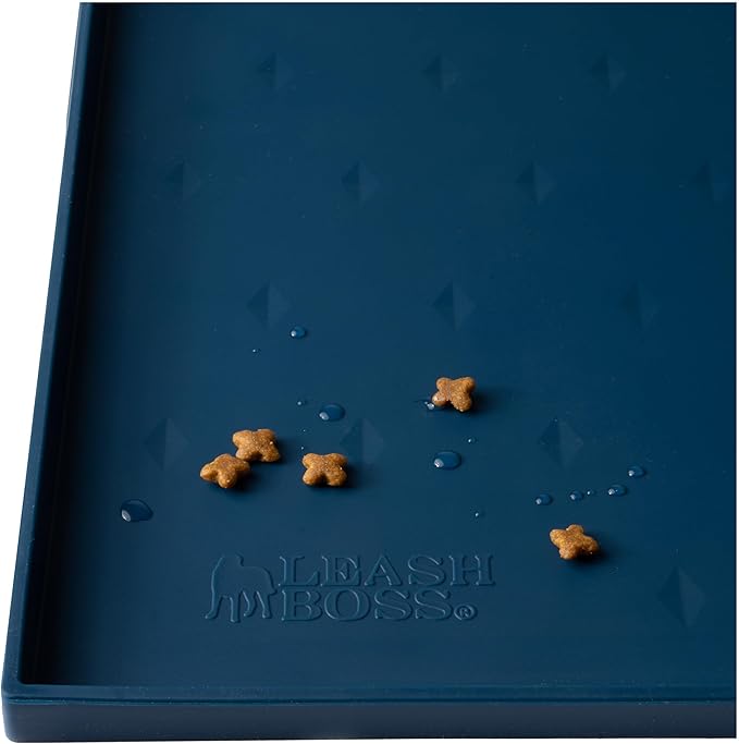 Leash Boss Dog Food Mat - Waterproof Cat & Dog Bowl Mat for Food and Water, Silicone Pet Feeding Mats for Floors, Non-Slip Placemat with High Edges, Puppy Essentials (XXL: 30"x22", Navy)