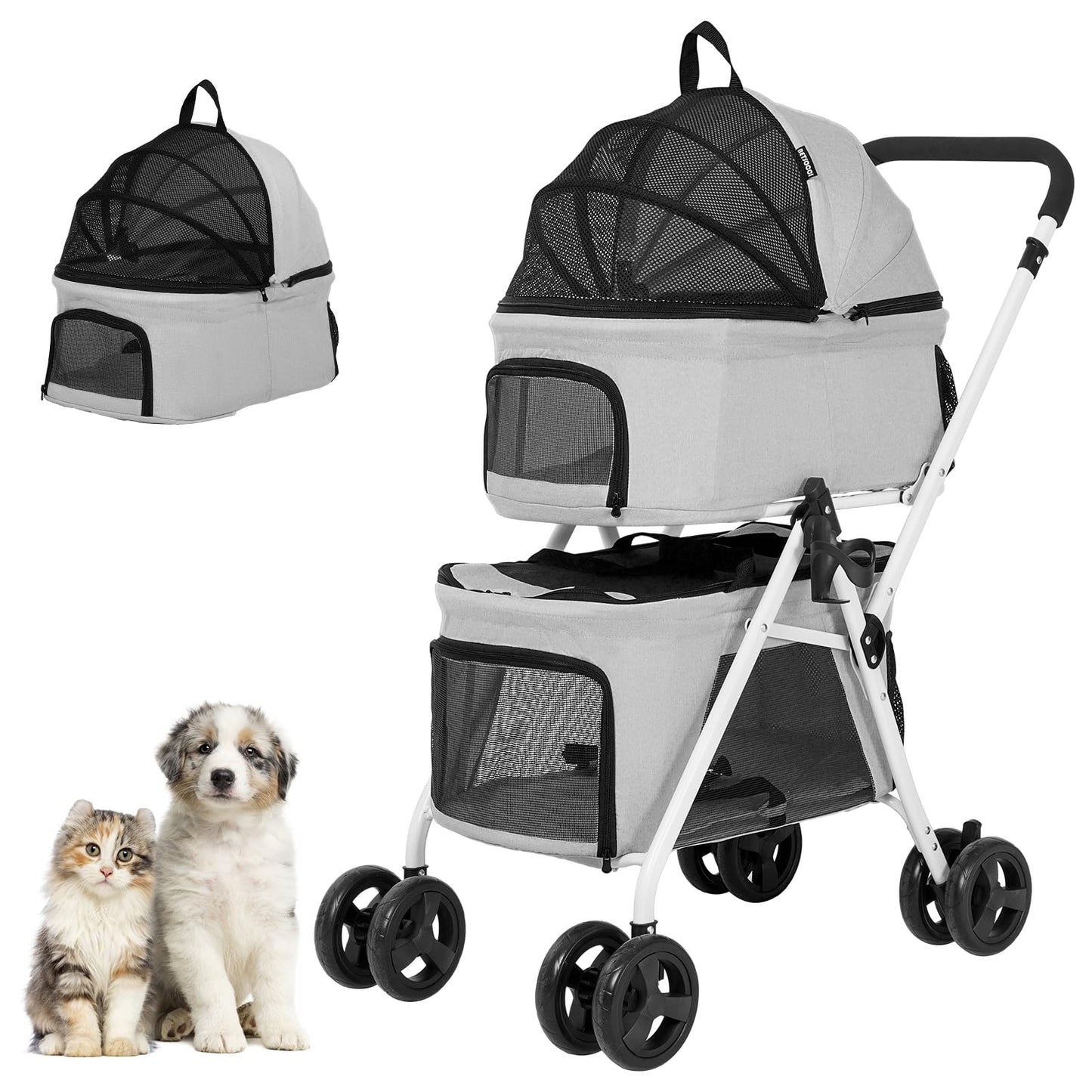 BETSOCCI Double Dog Stroller with 2 Detachable Carrier, Portable Pet Stroller for Small Dogs & Cats Folding Lightweight Puppy Travel Carriage, 4 Wheels, Grey