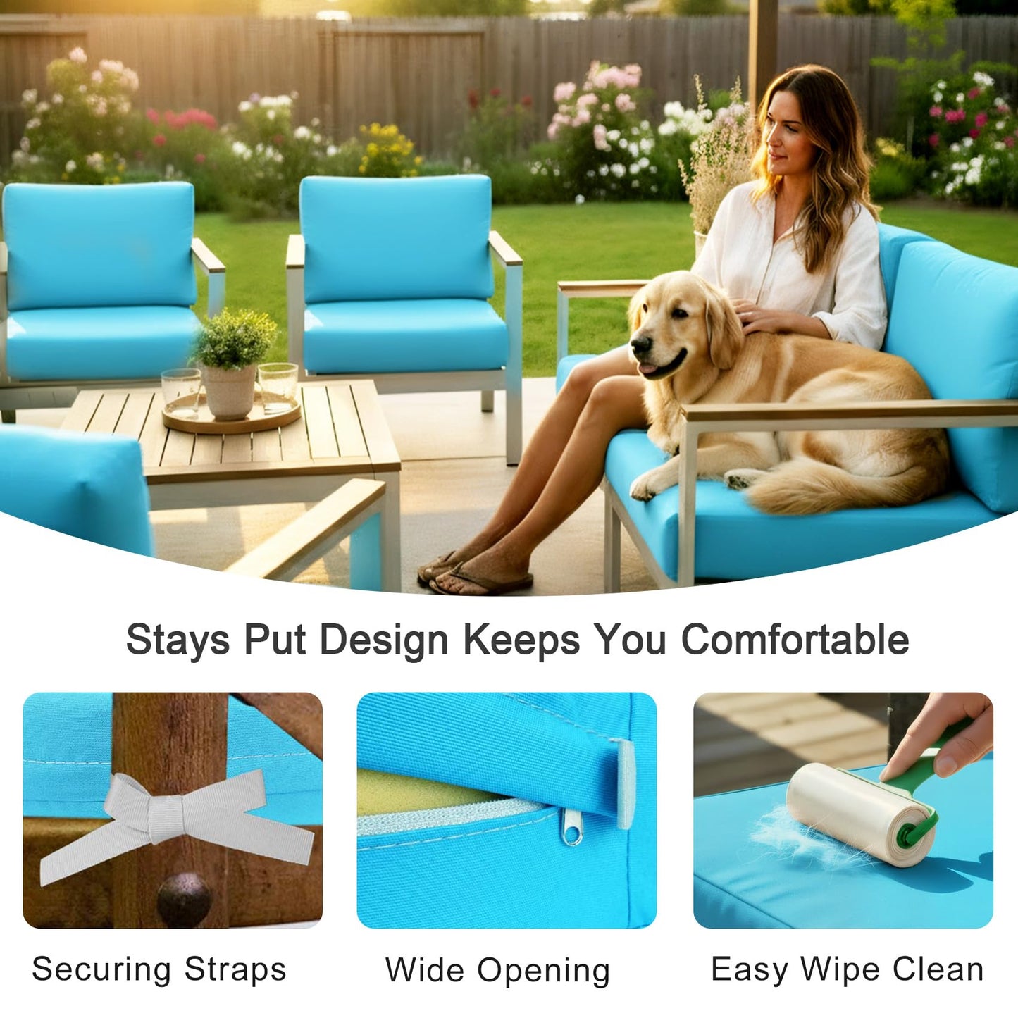 NettyPro Patio Cushion Covers Replacement Set 4 Water Repellent UV Resistant Outdoor Chair Seat Cushion Slipcover with Zipper and Tie, 22 x 20 x 4 Inch, Peacock Blue