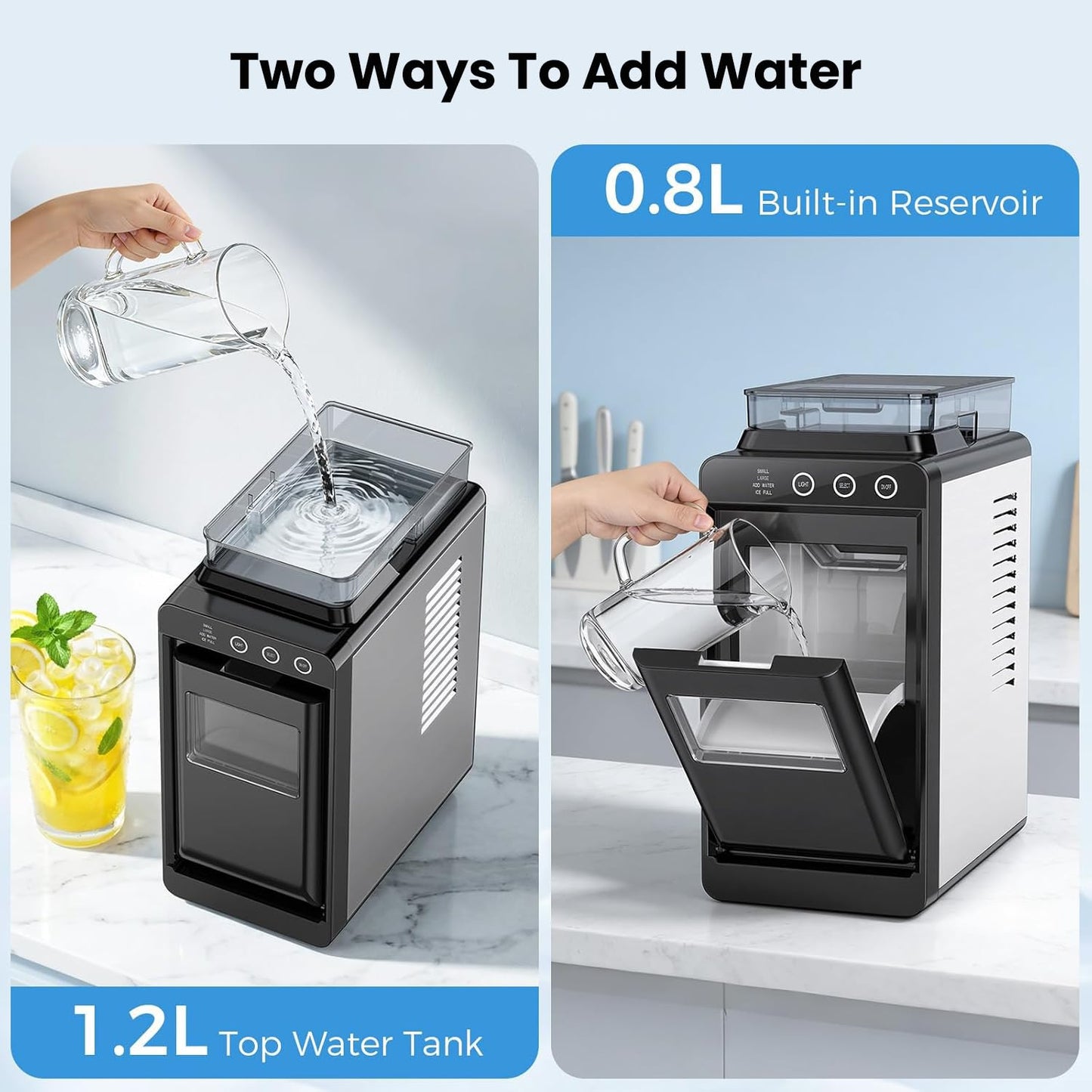 Electactic Countertop Ice Maker - 26Lbs/24H, 8 Cubes in 6 Mins, 1.2L Top Water Tank, 2 Sizes Bullet Ice, Auto-Clean & LED Light, Portable for Home Office Party