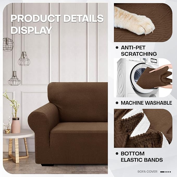 ZNSAYOTX 1 Piece Jacquard Couch Covers for 3 Cushion Couch Living Room High Stretch Sofa Cover Pets Dogs Friendly Anti Slip Thickened Slipcovers Furniture Protector (Large, New Pattern Coffee)