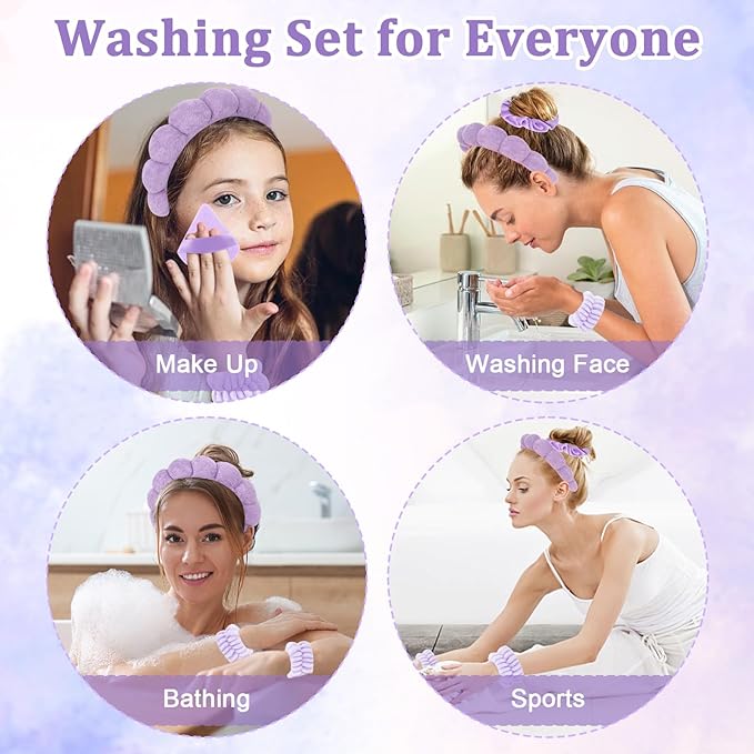 7Pc Puffy Spa Headband and Wristband Set for Washing Face, Skincare With Scrunchies, Powder Puffs, Sponge, Makeup Removal - Terry Cloth for Mask - Purple