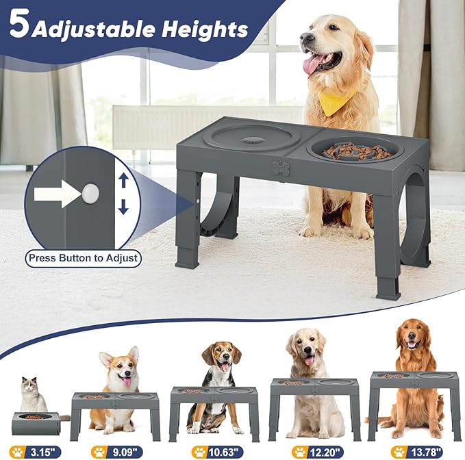 XIAZ Elevated Dog Bowls Large Breed Raised Dogs Bowl Stand Large/Medium Sized Dog Slow Feeder Dogs Bowls Food Water Stands 5 Heights Adjustable 9/11/12/14in Pet Feeder Dish Station