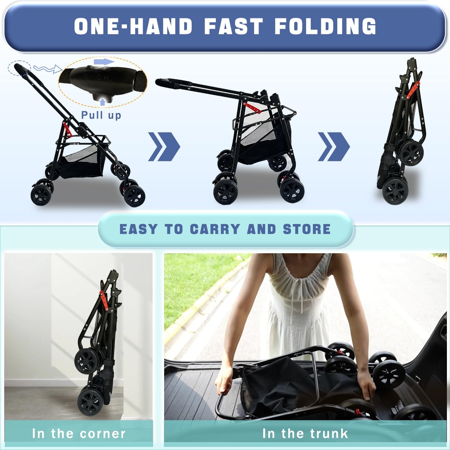PawLuxe 4 Wheels Pet Stroller 4 in 1 Pet Stroller with Detachable Carrier for Small & Medium Dogs Cats up to 55 lbs Easy-Folding Travel Dog Wagon with Car Seat Breathable Mesh,Blue Cartoon