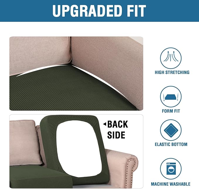 H.VERSAILTEX Super Stretch Individual Seat Cushion Covers Sofa Covers Couch Slipcover Sets Thick Jacquard Textured Twill Fabric (3 Piece Sofa Cushion Covers, Olive)