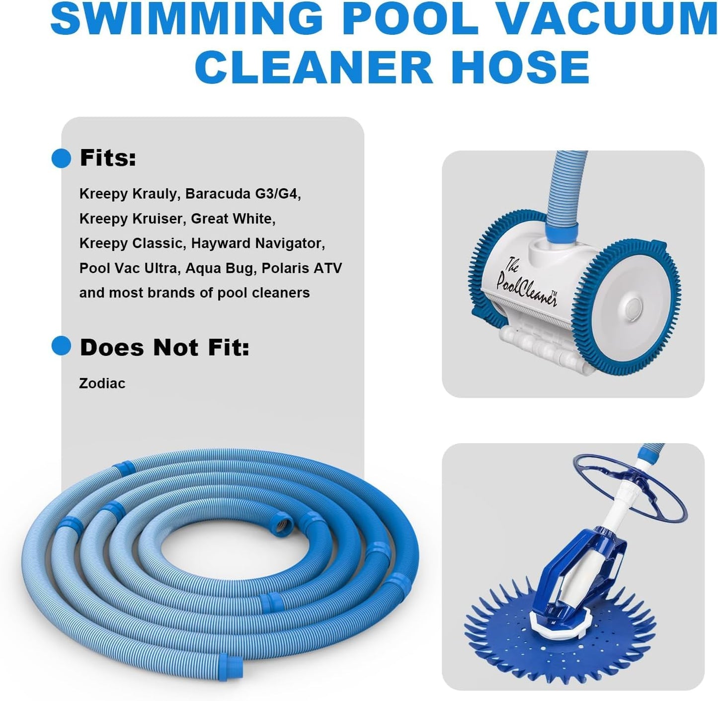 Poolvio Pool Vacuum Hose 40 Feet (12 x 40 Inch), 1.5 Inch Cuffs, Compatible with Most Inground Pool Automatic Cleaners, Blue