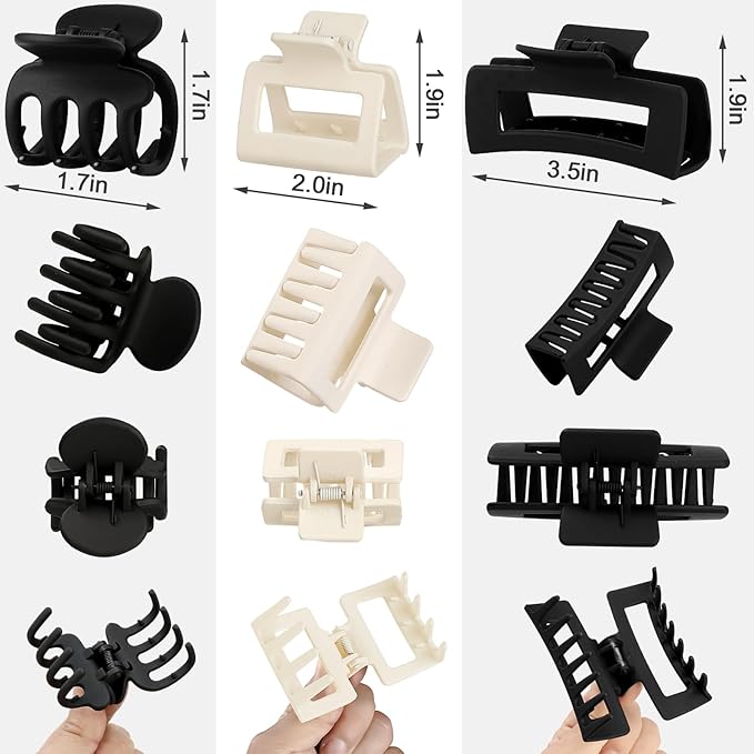 12 Pcs Hair Clips for Women 3 Styles Small Medium Large Claw Clips for Thin Thick Curly Hair, Strong Hold & Non-Slip Clips, Matte Plastic Hair Accessories Ideal Gifts for Women (Black & White)