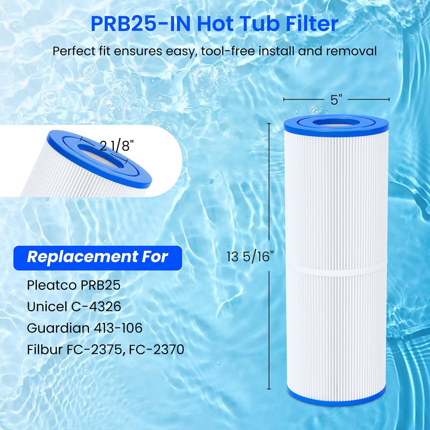 Future Way PRB25-IN Hot Tub Filter Replacement for Pleatco PRB25, Unicel C-4326, Guardian 413-106, Filbur FC-2375/FC-2370, 5X13 Drop in Spa Filter, 25 sq.ft, 2 Pack