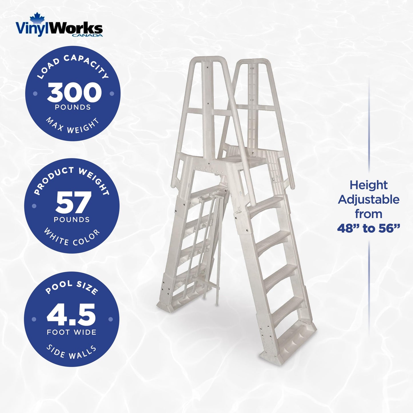 Vinyl Works SLA A-Frame 48 to 56 Inch Adjustable Above Ground Swimming Pool Ladder Entry System with Slide Lock Barrier and Handrails, White