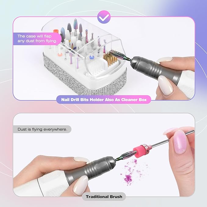 2 in 1 Nail Drill Bits Holder: 30 Holes Nail Bits Organizer Case with Cleaner Brush, Dustproof Efile Nail Tech Bits Storage Container Box Manicure Tools Accessories Display for Salon Home(Only Box)