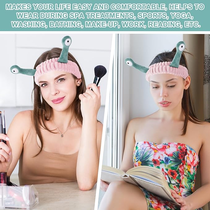 Face Wash Headband, Palm and Snail Spa Hair Bands Makeup Headbands Women Cartoon Cute Coral Fleece Elastic Headband Creative Hair Accessories for Washing Face Shower Sports (Pink and Green)