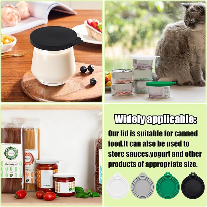 PINE & LINEN 4 Pcs Durable Pet Can Lids,One fit 3 Standard Size Silicone Waterproof Cat Food Cans Lids for 3oz/5.5oz/12.5oz/13.2oz Cat Food Cans（White+Gray+Dark Green+Black）