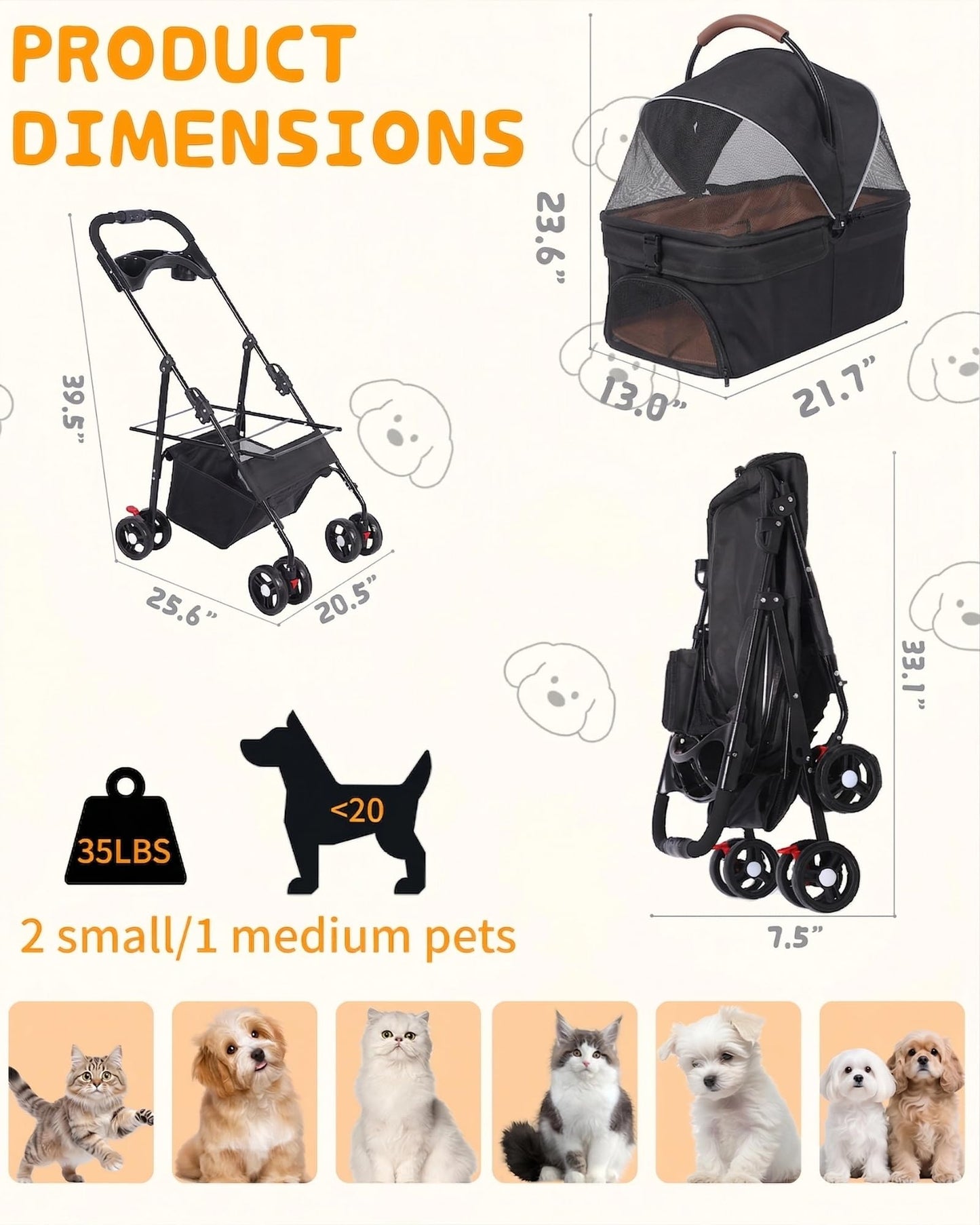 Pet Stroller with Removable Carrier, 35lbs Capacity - One-Click Foldable Dog Stroller, Cat Carrier & All-Terrain Wheels, Compact Travel Pet Stroller for Small to Medium Pets-Black