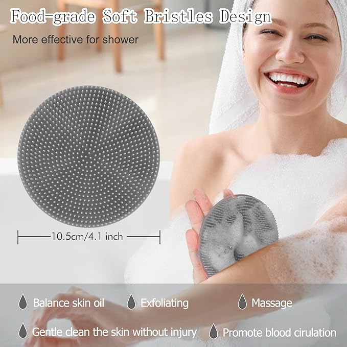 INNERNEED Food-Grade Soft Silicone Body Scrubber Shower Brush, with Handheld Facial Cleansing Skin Brush, with Scalp Massager Shampoo Brush (Gray)