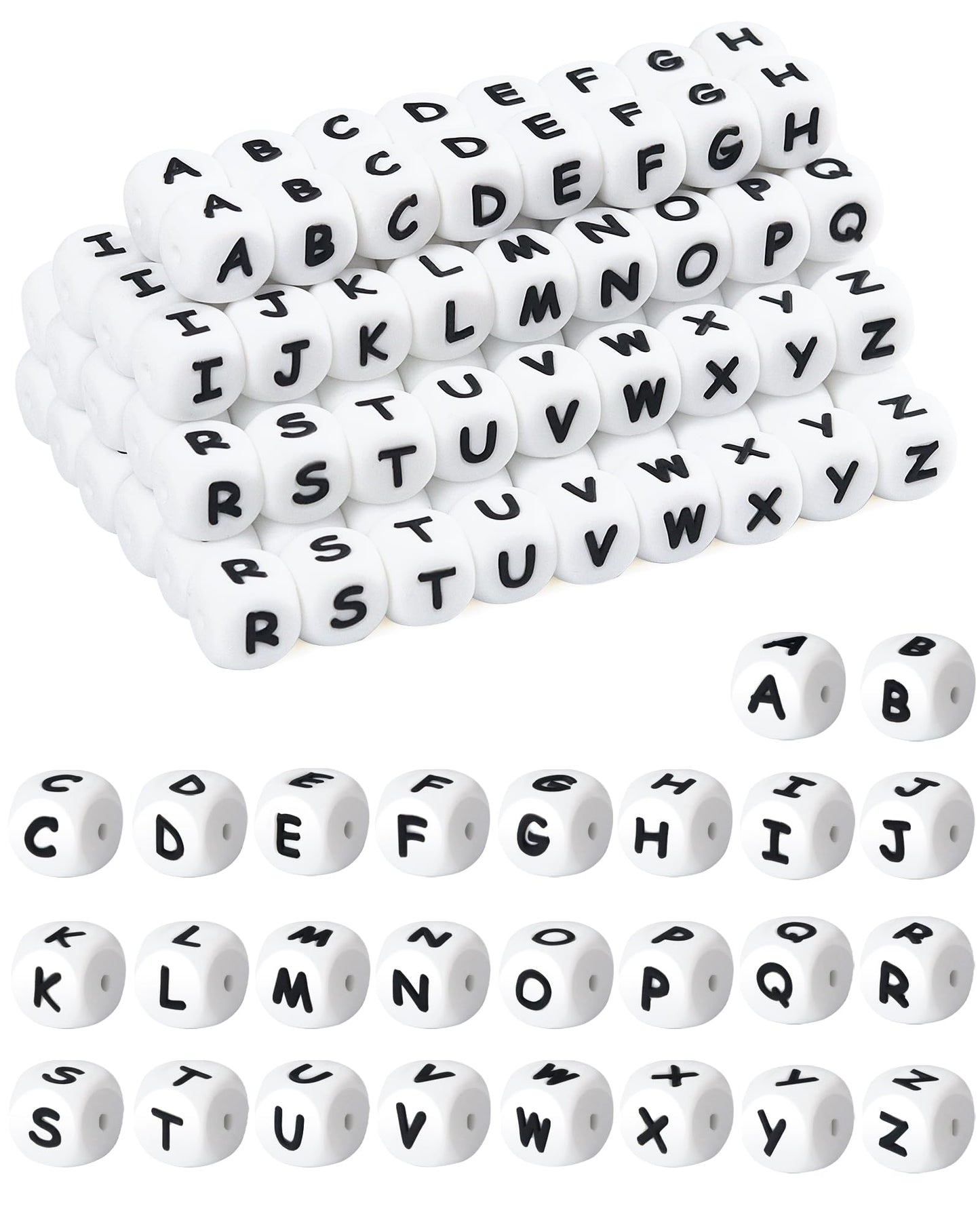 130Pcs FIVEIZERO Silicone Letter Beads, 12mm A-Z Alphabet Beads,Square Bead for Bracelets and Keychains, Large Letter Bead for Necklaces and Lanyards Making（White）