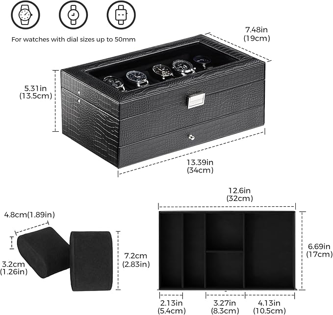 ProCase Watch Box, 12 Slot Mens Watch Case With Drawer, 2-Layer Watch Display Case With Glass Lid, Mens Jewelry Box Storage Holder Organizer, Birthday Valentine Gifts for Men -12Slot, LizardBlack