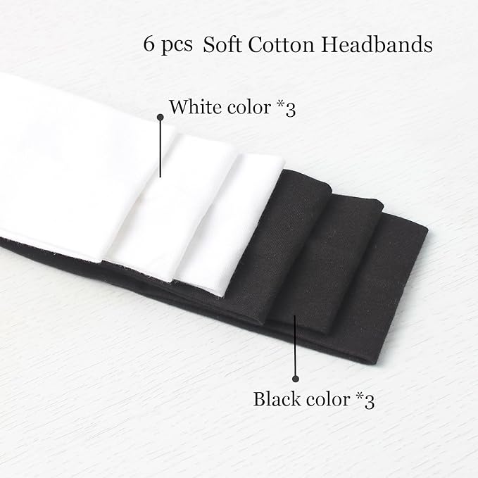 6 Pcs Black White Headbands for Women Hair Cotton Headband Non-slip Stretchy Elastic Head Wrap Holder Hair Accessories