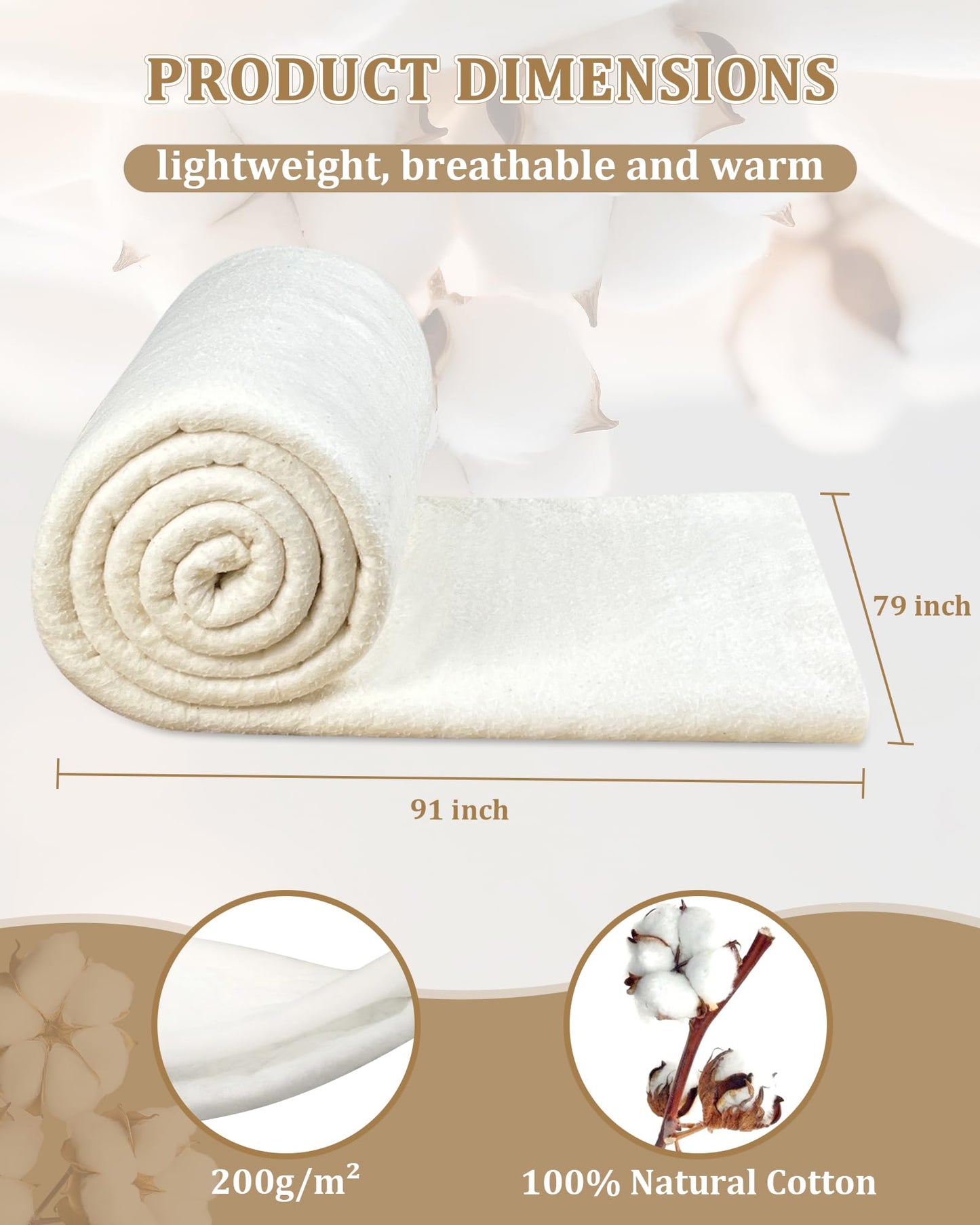PLANTIONAL Grinding Natural Cotton Quilt Batting: 79-Inch x 91-Inch Light Weight Purely Natural All Season Quilt Batting for Quilts, Craft and Wearable Arts