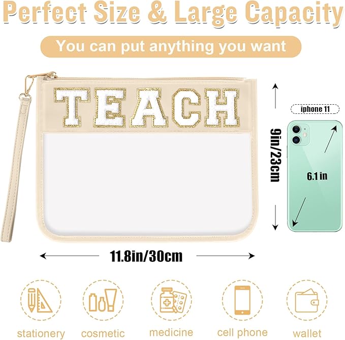 Teacher Appreciation Gifts TEACH Chenille Letter Clear Makeup Bag Pouch, Monogram PVC Clear Zipper Pouch with Wristlet Travel Cosmetic Bag Graduation Retirement Teacher Gifts for Women(TEACH-Beige)
