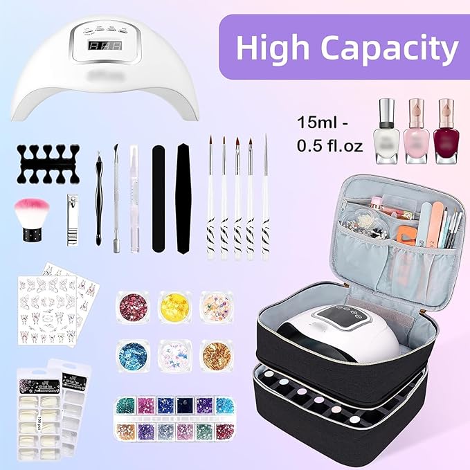 Nail Polish Organizer Holds 30 Bottles (15ml - 0.5 fl.oz) Double-layer Gel Nail Polish Kit Case, Nail Holder for Nail Lamp, Portable Nail Organizer and Storage for Nail Supplies (Black)
