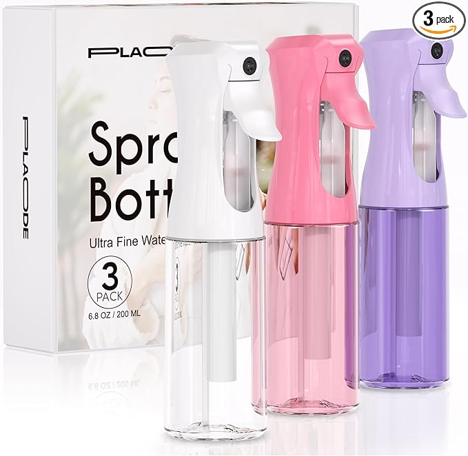 3 Pack Spray Bottle for Hair - Continuous Hair Spray Bottles Refillable Mister Sprayer for Hairstyling, Plants, Pets, Skincare, Cleaning (6.8 OZ/200ML, White+Pink+Purple)