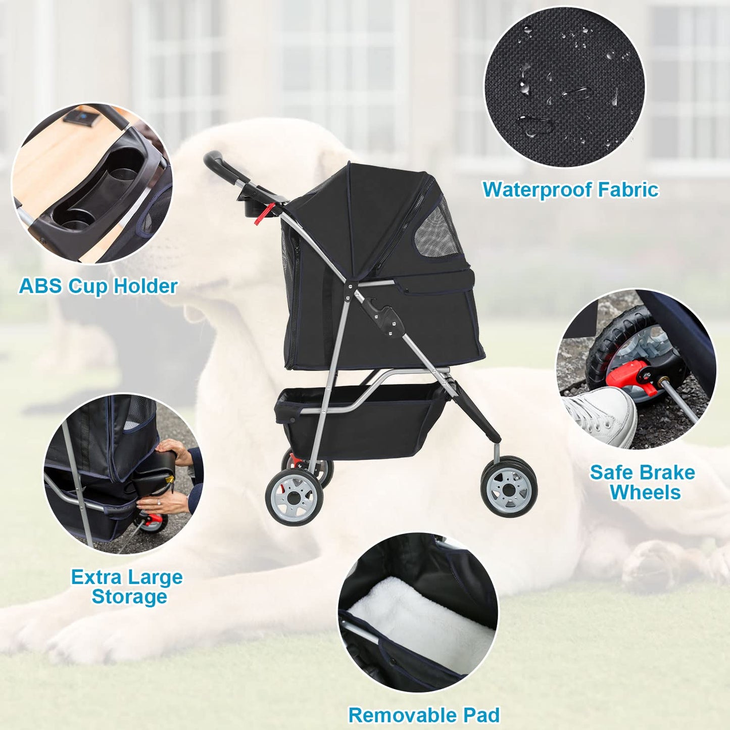 BestPet 3 Wheels Pet Dog Stroller Cat Cage Jogger Stroller Cats Travel Folding Carrier Waterproof with Cup Holder & Removable Liner,Black