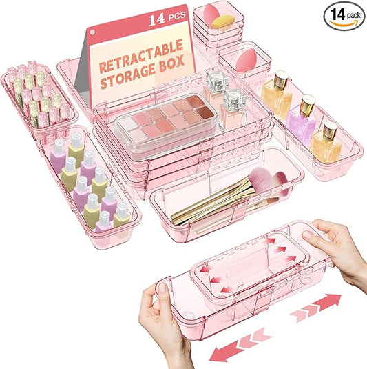 14 Pcs Clear Drawer Organizer, Adjustable Drawer Storage Box, 3-Size Desk Drawer Organizer, Acrylic Storage Bins for Makeup, Kitchen Utensils, Bedroom Dressers Tool Organizer for Gadgets, Pink