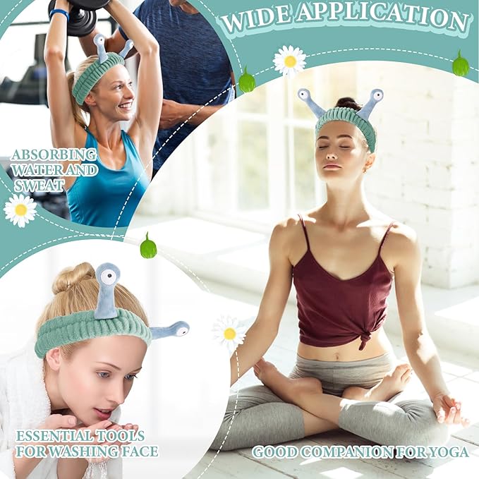 Face Wash Headband, Palm and Snail Spa Hair Bands Makeup Headbands Women Cartoon Cute Coral Fleece Elastic Headband Creative Hair Accessories for Washing Face Shower Sports (Blue and Green)