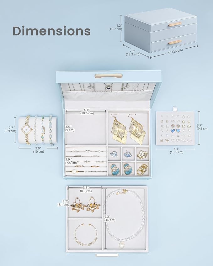 Lolalet 2-Layer Jewelry Box Organizer for Women Girls, Jewelry Storage Case Holder with Drawers for Necklaces Ring Earrings Bracelet Watch, Gifts for Galentines Valentines Girlfriend Wife -Blue