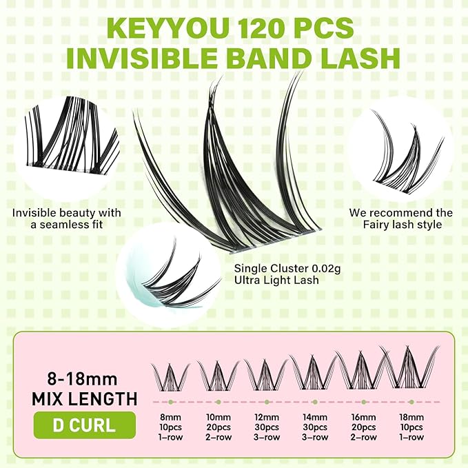 KEYYOU Fairy Lash Clusters Snow Lotus Lash Extension D Curl 120Pcs Eyelash Extension Wispy Natural Invisible Band Lash with Waterproof DIY Lash Extension at Home(Snow Lotus-D-8-18MIX)