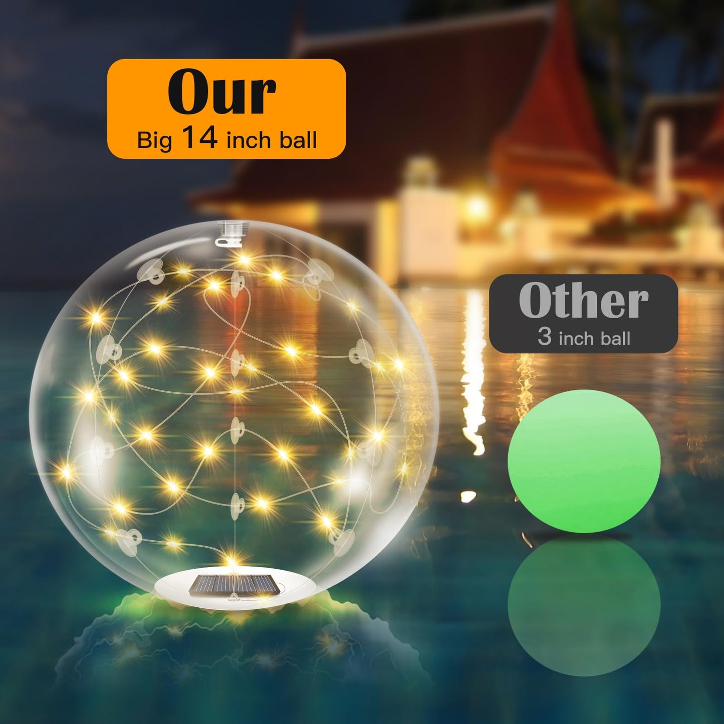 afzdby Floating Pool Lights Solar Powered,14 Inch 3000K Warm White Inflatable Glow in The Dark Balls,IP68 Waterproof Led Light up for Inground Pool,Christmas Decorations Outdoor Ornaments