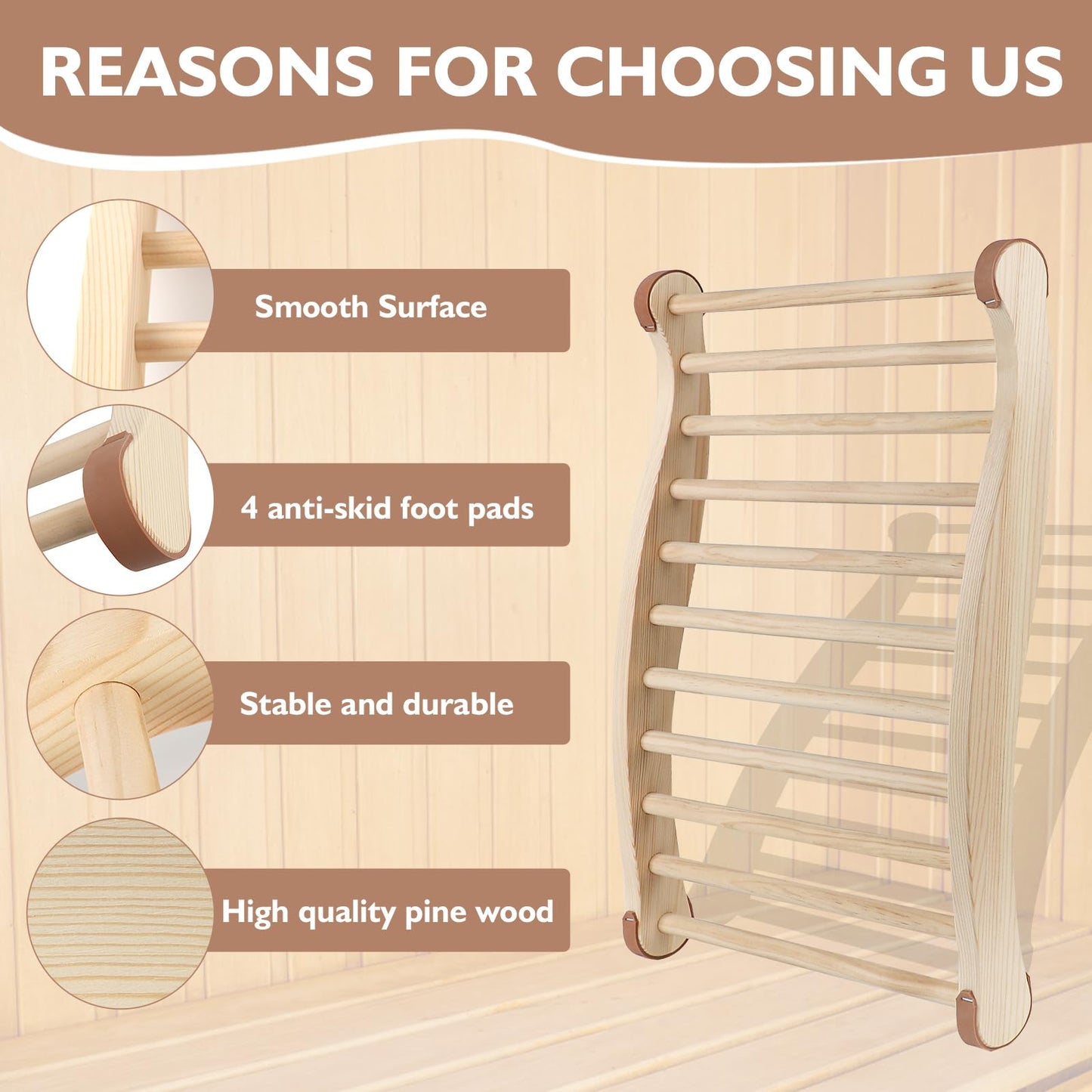 TOLHYUN 2PCS Sauna Backrest Sauna Accessories Wooden Slip-Resistant Non-Toxic Comfortable S-Shape Design Sauna Chair with Back, Sauna Accessories for Any Barrel or Infrared Sauna