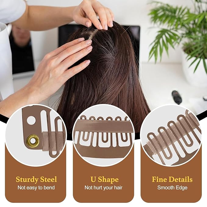 50Pcs 32mm Hairpieces Snap Clips U Shape Wig Clips for Hair Extensions Making Wig Accessories Set Tools (Light Brown)