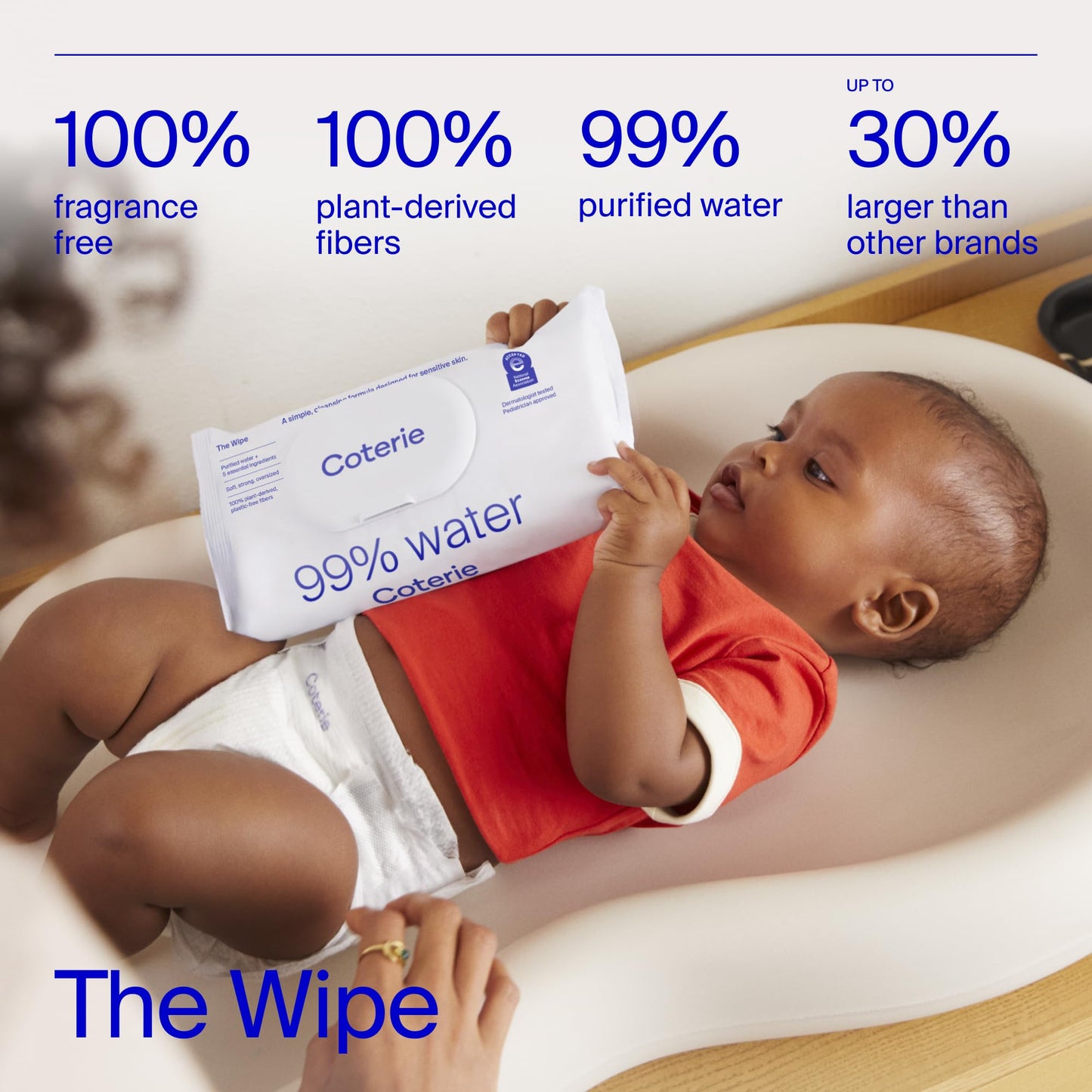 Coterie Baby Wipes for Sensitive Skin, Plant-Based and Plastic-Free Fibers, 99% Water, Hypoallergenic, pH Balanced, Unscented, Clean and Gentle Baby Essentials, 12 Pack, 672 Count