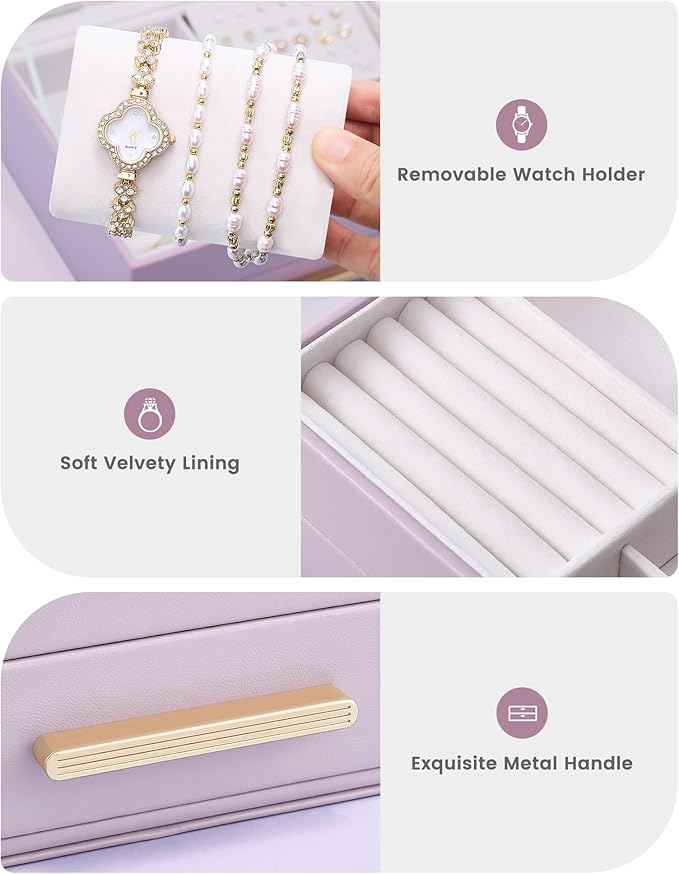 Lolalet 2-Layer Jewelry Box Organizer for Women Girls, Jewelry Storage Case Holder with Drawers for Necklaces Ring Earrings Bracelet Watch, Gifts for Galentines Valentines Girlfriend Wife -Purple