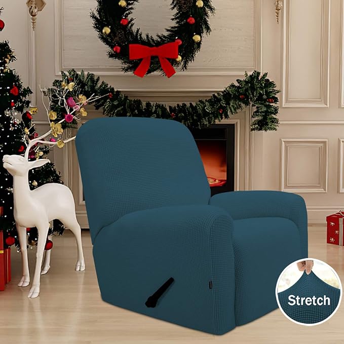 Easy-Going Recliner Stretch Sofa Slipcover Sofa Cover 4-Pieces Furniture Protector Couch Soft with Elastic Bottom Kids, Spandex Jacquard Fabric Small Checks(Recliner,Deep Teal)