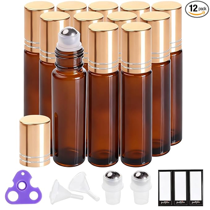 PrettyCare 12 Pack, 10 ml Essential Oil Roller Bottles with Stainless Steel Roller Ball - Refillable Leak-proof Empty Thick Amber Glass Roll on Bottles with Metal Caps for Travel, Perfume