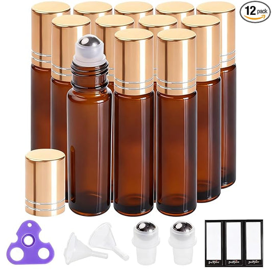 PrettyCare 12 Pack, 10 ml Essential Oil Roller Bottles with Stainless Steel Roller Ball - Refillable Leak-proof Empty Thick Amber Glass Roll on Bottles with Metal Caps for Travel, Perfume