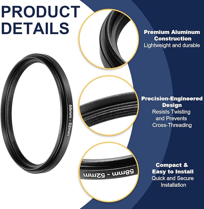 PATIKIL Step Down Ring Adapter 58mm to 52mm, Filter Step-Down Rings Camera Lens Filters Metal Ring Digital for ND IR DSLR Lenses, Black