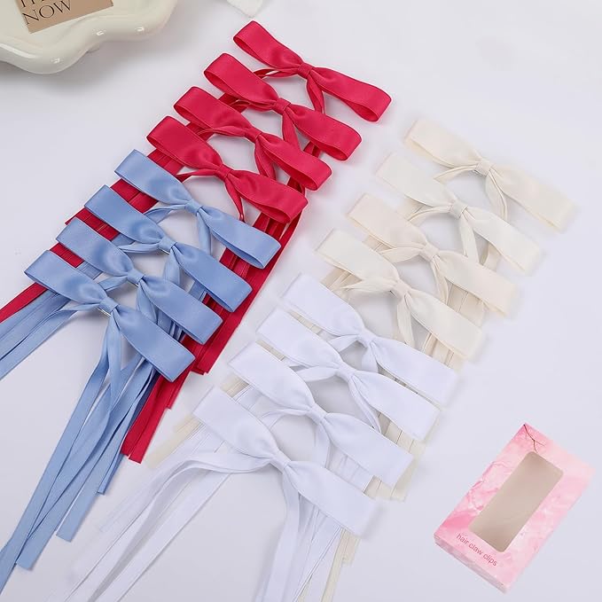 Hair Bows Clips Coquette Ribbon Bowknot with Long Tail Princess Hair Bows French Barrettes Hair Accessories for Women Girls 16PCS (Rose red, Cream,White, Blue)