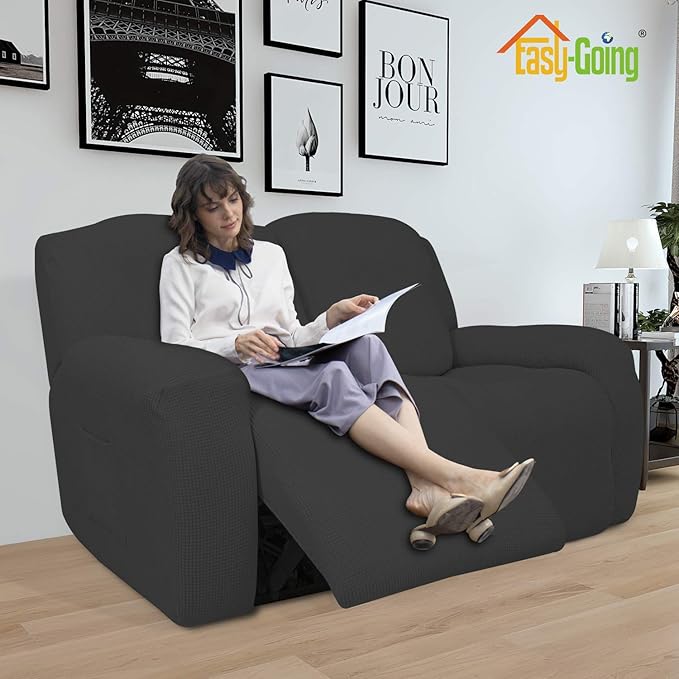 Easy-Going 6 Pieces RV Recliner Loveseat Stretch Sofa Slipcover Sofa Cover Furniture Protector Couch Soft with Elastic Bottom Kids, Spandex Jacquard Fabric Small Checks Dark Gray