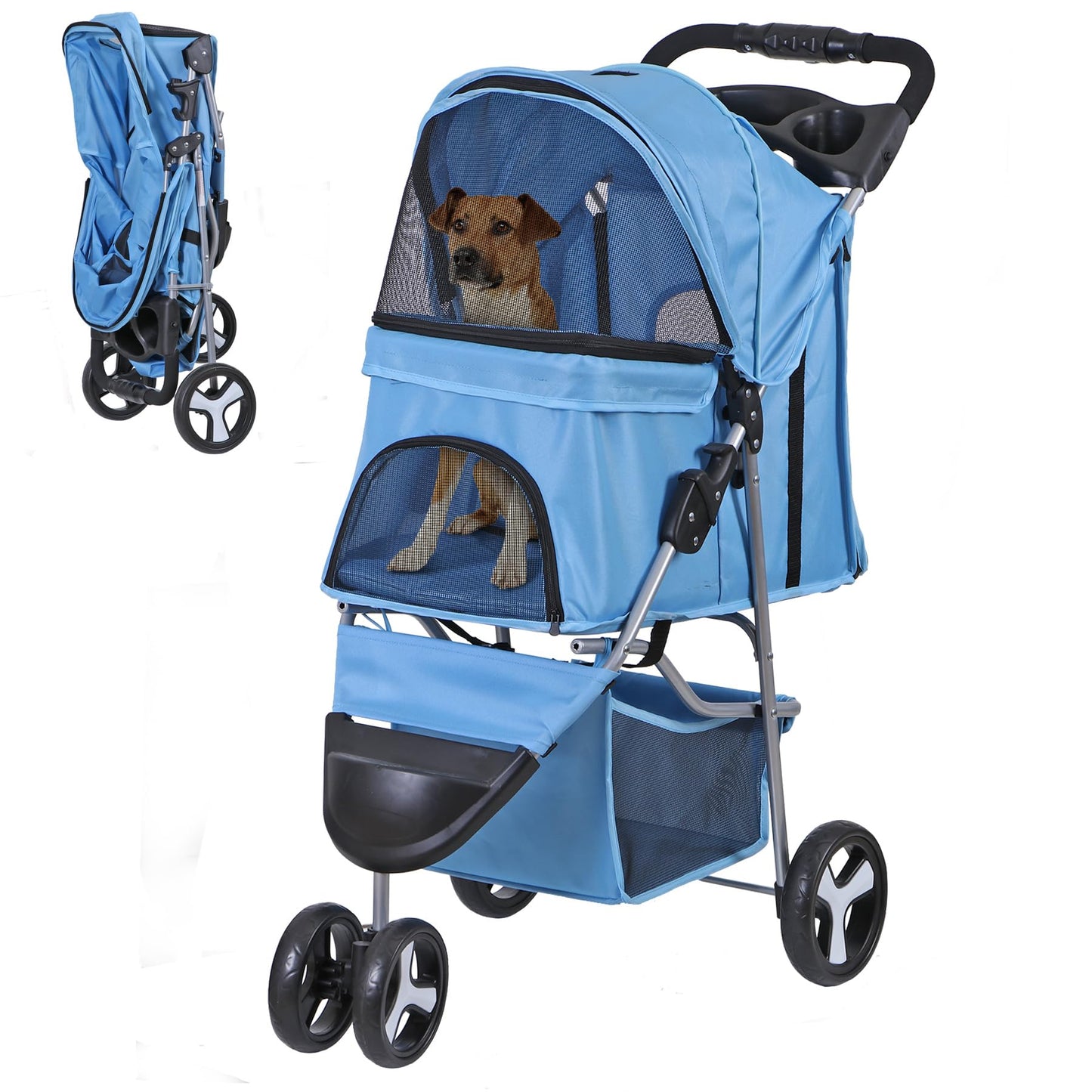 Epetlover 3 Wheels Dog Stroller Folding Pet Strolling Cart for Small Medium Cats Puppies Portable Jogger Travel Camping Puppy Carrier with Storage Basket Cup Holder, Blue