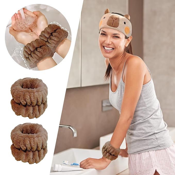 3PCS Spa Headband Capybara Headband with Face Wash Wristband Set, for Washing Face Absorbent Spa Wristbands Wrist Scrunchies Face Washing Wristbands