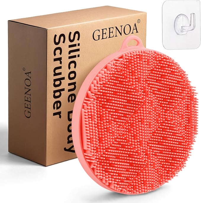 Silicone Body Scrubber for Shower, Durable Silicone Loofah with Waved Bristles and Non-Slip Handle, Hygienic Body Buffer Shower Scrubber for Gentle Exfoliating & Lathering(Pink)