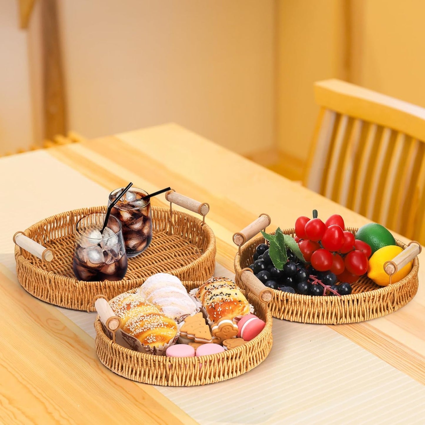 GIB Small Round Rattan Serving Trays with Handles, Decorative Woven Wicker Baskets Serving Trays for Coffee Table Decor, Bread, Fruit, Snacks, Set of 3