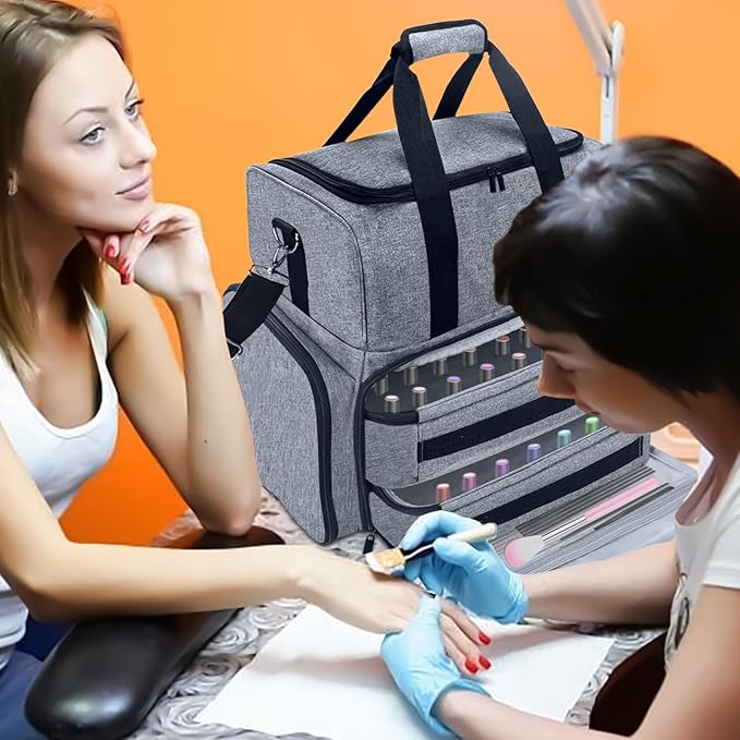 Nail Polish Organizer 3 Layers Holds 70 Bottles (15ml - 0.5 fl.oz) Portable Gel Nail Kit Organizer Case for Nail Lamp Travel Nail Supplies Bag with 2 Removable Nail Polish Holder Pouches (Gray)