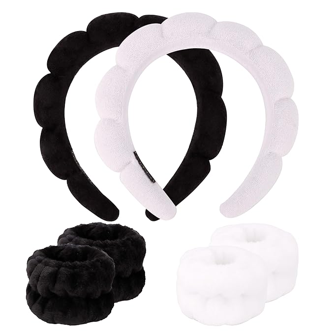 SPA Headbands for Washing Face Makeup Headbands with Bow Hair Band Women Facial Head Band Wrist Towel Wraps For Shower Face Mask Black White, 6 Pack